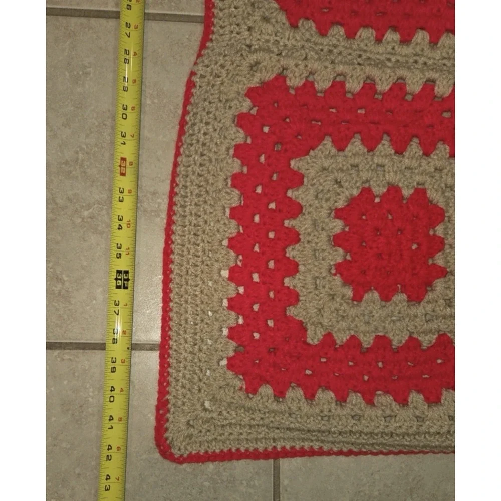 Handmade Crochet Granny Square Afghan Blanket Red Tan Throw 60